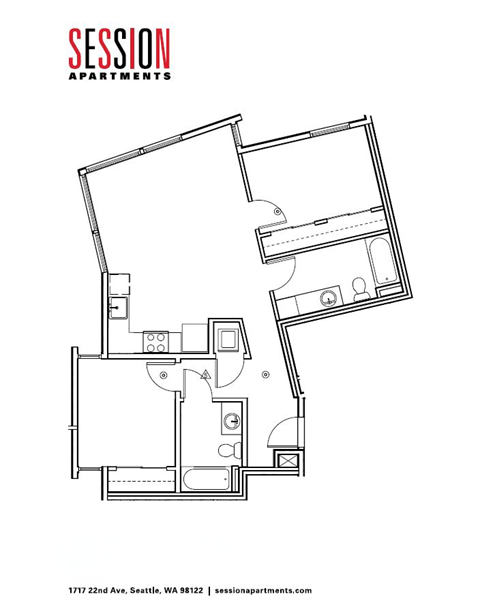 Floor plan for 2 beds, 2 baths, 808 sqft